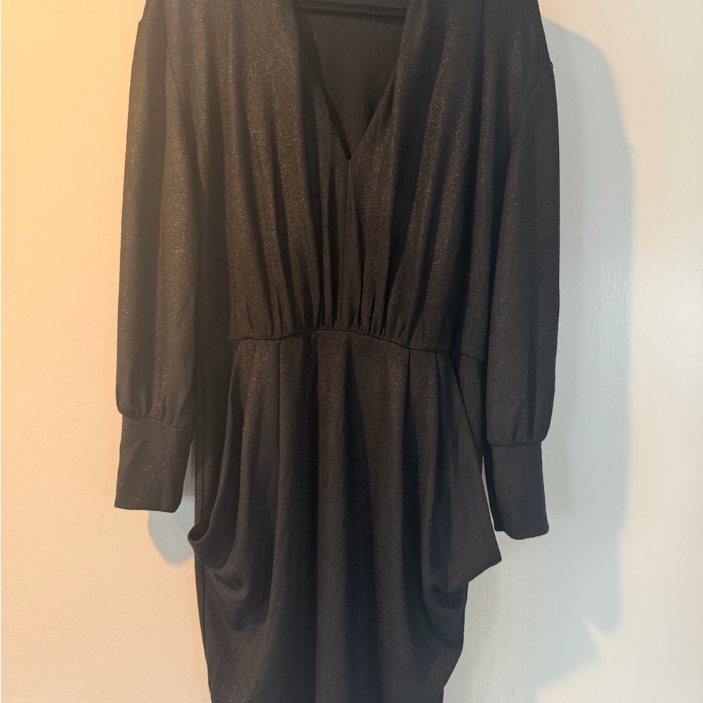 Size-12 STUNNING Donna Morgan long sleeved shimmery Black Dress, with deep Vneck